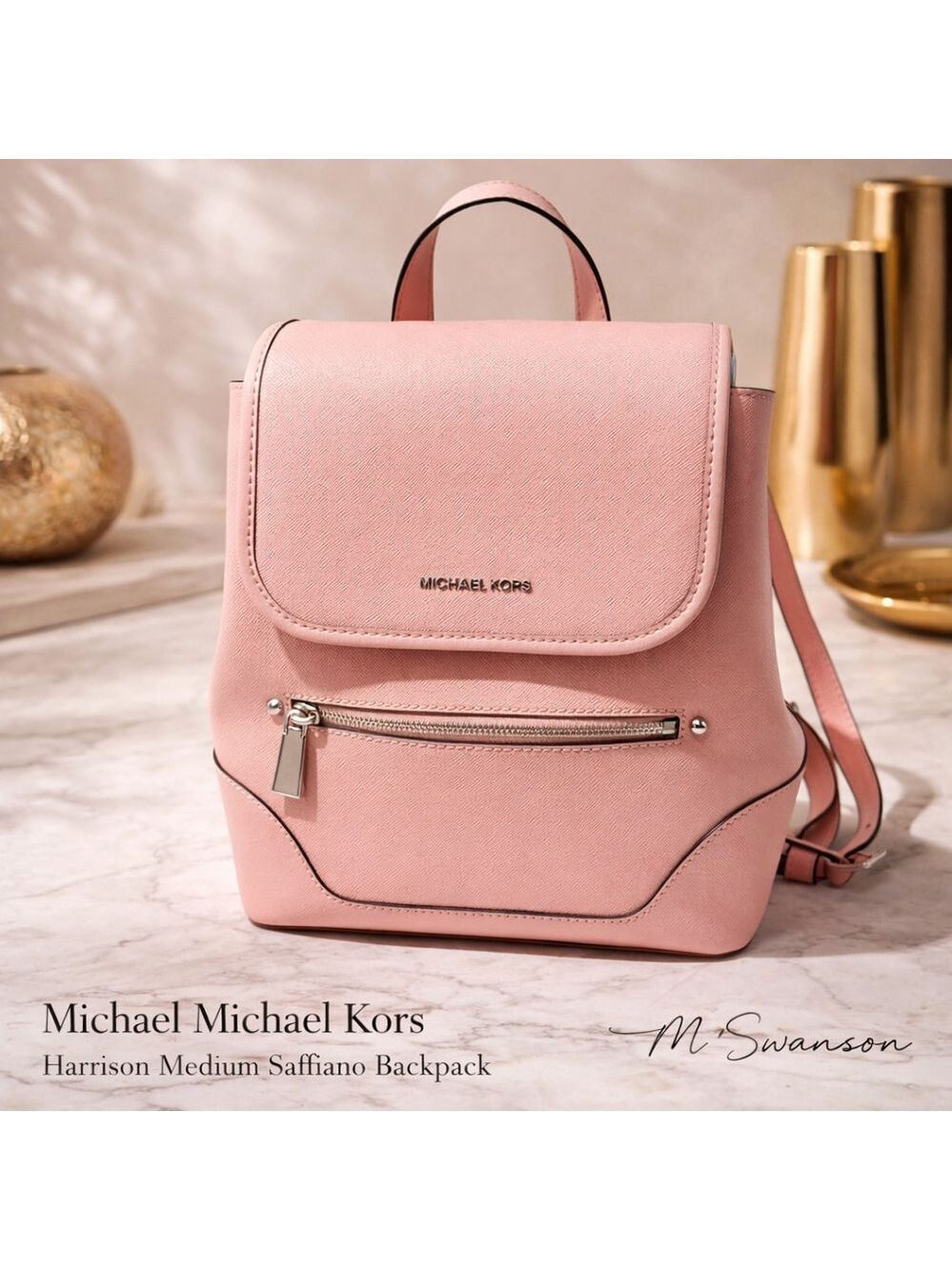 NEW Michael Kors Harrison Medium Backpack Powder Pink Saffiano Leather